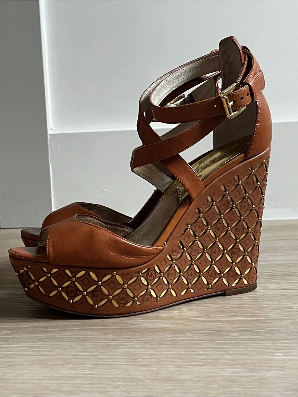 Michael Kors Gabriella Tan Leather Platform Wedges Size 8